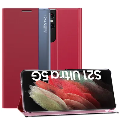 Obrázek produktu pro Samsung Galaxy S21 Ultra 5G Pouzdro, Slim Flip Kožené Pouzdro s Okénkem a Stojánkem pro Samsung Galaxy S21 Ultra 5G červené