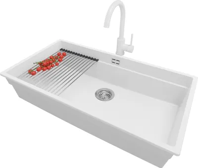 Produktbild von PRIMAGRAN Unterbauspüle Granit Weiß 86x47cm, Spülbecken 1 Becken + Ablauf-Set + Küchenzubehörset, Granitspüle ab 90er Unterschrank - Praga