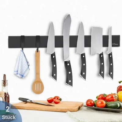 Image de lot de 2 barres magnétiques Dmore porte-couteaux 40 cm avec 3 crochets noirs magnétiques inox