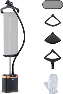 A garment steamer and its accessories are displayed against a white background.