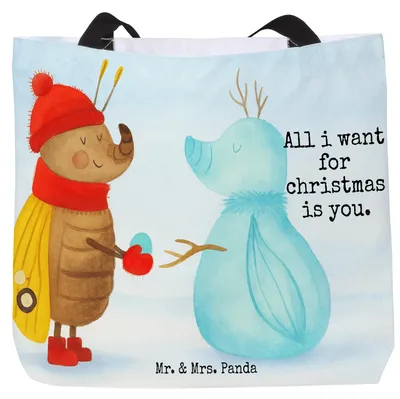 Produktbild von Mr. & Mrs. Panda Tote Bag Nachtfalter Schneemann Design - Weiß - Geschenk, Weihnachten, Einkaufstasche, Tasche, Reisetasche, Weihnachtsgruß, Büchertasche, Winter, Schnee