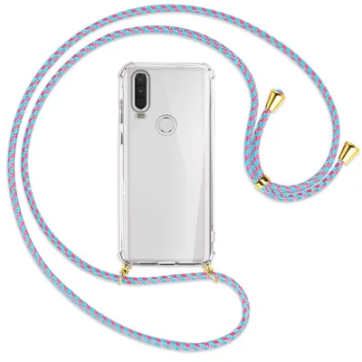 Produktbild von Handykette Backcover-Schutzhülle mit Band (Metall goldfarben) für Motorola One Action - pink/mint