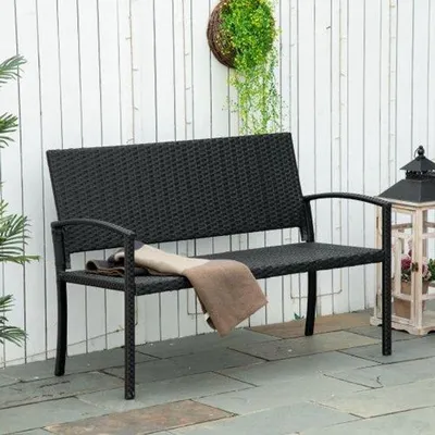 Immagine prodotto di Panchina da giardino in rattan con struttura in acciaio e intreccio, nera, 122 x 60 x 87 cm, per giardino e terrazza