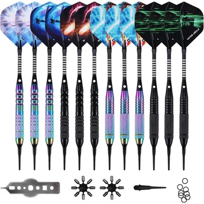 Productafbeelding van Zachte dartpijpen set, 18 gram, met plastic punt, geschikt voor elektronische dartborden. 12 stuks in de kleuren paars/zilver/zwart/roze, inclusief accessoires
