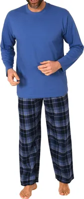 Produktbild von Herren Schlafanzug lang, Pyjama mit karierter Flanell-Hose ; blau , 48