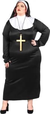 A woman wearing a nun costume, including a black dress, white wimple, and a large gold cross necklace.