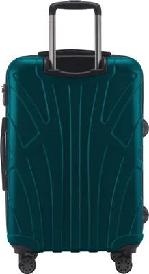 Back view of a teal suitcase on a white background.