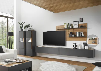 Produktbild von Wohnzimmer Wohnwand mit LED Beleuchtung CRISP-61 in anthrazit mit Absetzungen in Wotan Eiche Nb., B/H/T: ca. 440/180/40 cm