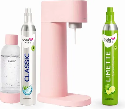 A pink soda maker with two CO2 cylinders and a water bottle.