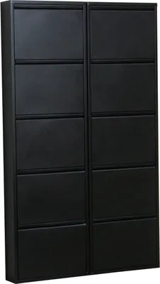 A black shoe cabinet with 10 doors.