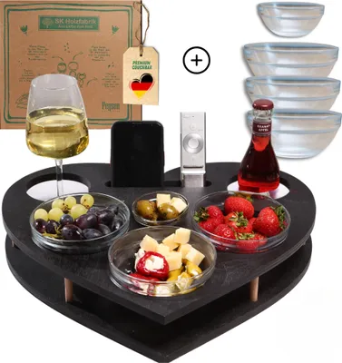 Produktbild von Couchbar Snackbox Herz in schwarz mit 4 Glasschalen | Snackbar für Kaffeetassen | handgefertigt aus Holz | Sofabutler für Weingläser