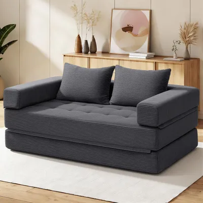 Produktbild von HOMMPA 5-in-1 Klapp-Schlafsofa, extragroß, Bodenschlafsofa, Cord-Klappmatratze, Sofa für Wohnzimmer, Schlafzimmer, Lounge, Queen 180x148cm, Grau
