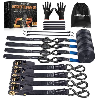 Immagine prodotto di Cinghie di fissaggio con sistema a ratrapello, 4 pezzi, lunghezza 4,5 metri, portata 997 kg, ganci conformi alla norma EN 12195-2, colore nero, larghezza 25 mm, incluse borsa e elastici