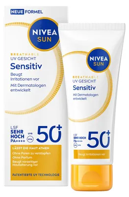 Produktbild von NIVEA UV Face Sensitive SPF 50+, Sonnenschutzcreme, Gesicht, Tube, Schutz, Feuchtigkeitsspendend, Beruhigend, Jeder Hauttyp, 40 ml