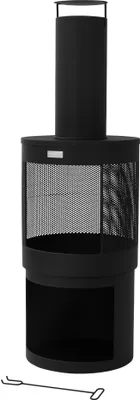 Produktbild von ML-Design Gartenkamin mit Schornstein, 131x45 cm rund, Schwarz, Stahl, Outdoor Terrassenofen mit Schürhaken, abnehmbarem Dach, Holzablage