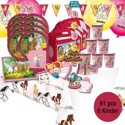 XXL Party-Set Kindergeburtstag Bibi & Tina für 6 Kinder 91 Teile Geschirr Geburtstag Party Mädchen Geburtstag Mottoparty Bibi Blocksberg