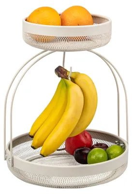 Productafbeelding van Eluno fruitstandaard met twee etages, inclusief bananenhouder, broodmand en beige metalen fruitmand.