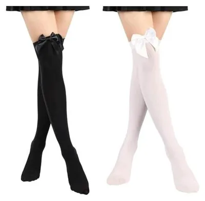 Zdjęcie produktu dla Pończochy damskie z kokardką za kolana cosplay czarne białe