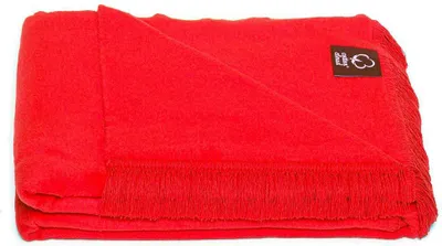 A red blanket folded and laid flat on a white background.