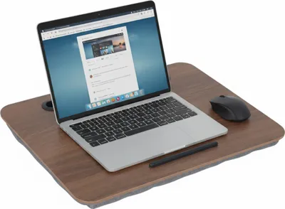 Produktbild von Relaxdays Laptopkissen mit Handyhalter, BxT: 42 x 32 cm, Laptopunterlage für Bett & Sofa, Laptop Knietablett, braun/grau