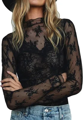 Productafbeelding van Transparant dames T-shirt met kant, lange mouwen en hoge kraag, slim fit