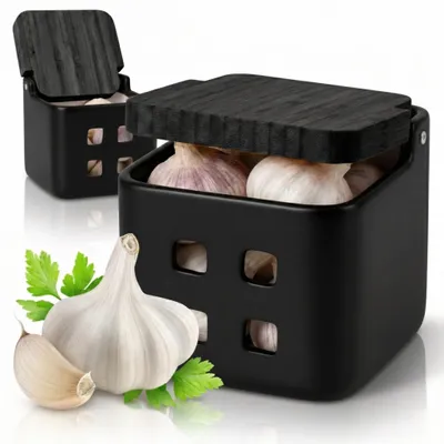 Produktbild von Solidchoice – Keramische Knoblauchdose mit Bambusdeckel – Aufbewahrungsbehälter