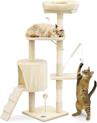 Image de Arbre à chat - Tour d'escalade avec maisonnette - Jouet pour chat - Plusieurs niveaux - 112 cm de hauteur - Beige