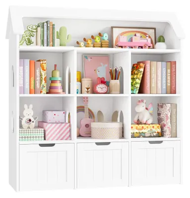 Image de Étagère à jouets pour enfants - Bibliothèque en forme de maison - 7 compartiments ouverts, 3 tiroirs, roulettes - Bois - 120 x 33 x 117,5 cm - Blanc
