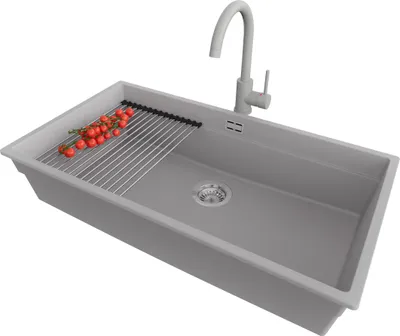 Produktbild von PRIMAGRAN Granitspüle Grau 86x47cm, Spülbecken 1 Becken + Küchenarmatur 32x20cm + Ablauf-Set + Küchenzubehörset, Küchenspüle ab 90er Unterschrank - Praga Slim