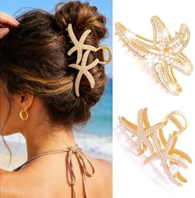 Produktbild von Große goldene Seestern-Krallenclips aus Metall mit Strass, Haarschmuck für Frauen und Mädchen, 2 Stück
