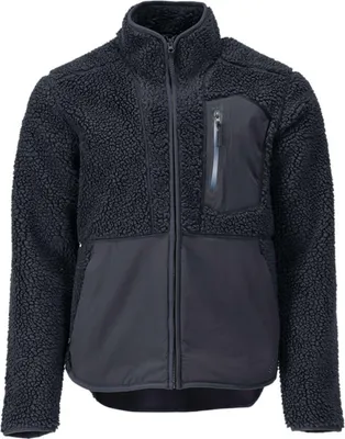 A studio shot of a black and blue fleece jacket.