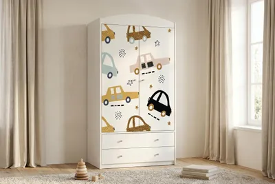 Image de Grande armoire pour enfant blanche avec tiroirs et tringle à vêtements, 88 x 187 cm. Armoire pour enfant moderne à 2 portes, avec des autocollants colorés et des motifs de voitures