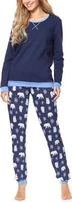 Produktbild von Merry Style Damen Schlafanzug Zweiteiler lang Pyjama Langarm Lange Hose mit Muster MS10-168 (Dunkelblau Bär-2, S)