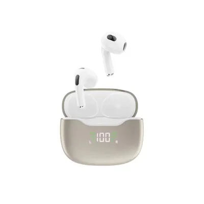 A pair of white wireless earbuds and their charging case are displayed against a white background. The charging case has a digital display showing '100'.