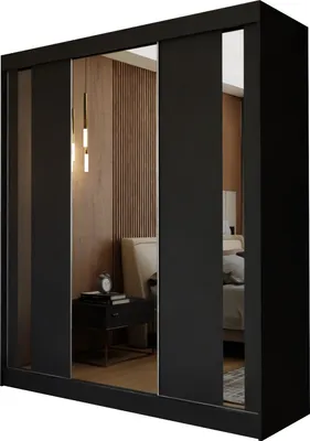 Produktbild von Masseno Schiebetürenschrank GRAZIA 180 cm Kleiderschrank Schlafzimmer Schrank 3-türig mit Spiegel Schwarz