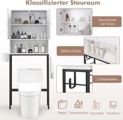 Obrázek produktu pro WC skříňka volně stojící WC police se 2 dvířky & 2 háčky 63 x 23 x 165,5 cm bílé