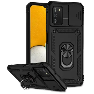 Immagine prodotto di Custodia per Samsung Galaxy A03S / A02S a doppio strato con copertura scorrevole della fotocamera e supporto ad anello nero