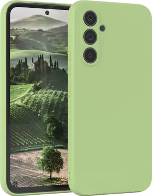 A light green phone case is shown with a scenic landscape on the phone screen.