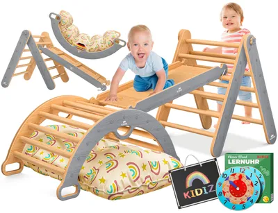 Produktbild von KIDIZ® Klettergerüst Montessori Kletterdreieck 7in1 Spiel-Set aus Holz Indoor Spielplatz für Kleinkinder 1 bis 3 Jahre inkl. Kissen, Tafel & Lern-Uhr