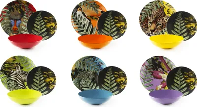Six sets of decorative plates and bowls, each featuring a different animal and leaf motif, arranged in two rows of three.