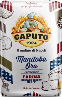 A bag of Caputo Manitoba Oro flour with illustrations and text.