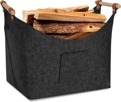 Produktbild von Bettizia Filzkorb mit Holzgriffen, Holzkorb für Kaminholz, Brennholzkorb aus Filz 5mm, Dunkelgrau