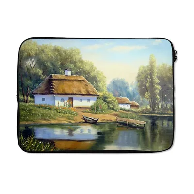 Produktbild von MuchoWow® Laptop Hülle 13 Zoll Malerei - Haus - Natur - Wasser - Ölfarbe Laptoptasche - Laptophülle - Sleeve - Rundumschutz