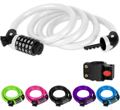 Immagine prodotto di Lucchetto per bicicletta, cavo di sicurezza, 120 cm, 12 mm, con combinazione numerica a 5 cifre, supporto, colore bianco