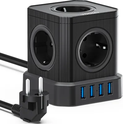 Produktbild von VOOMY 9-in-1 Steckdosenwürfel mit USB - 5-Fach Stecker & 4 USB - Mehrfachsteckdose mit 2M Kabel und Schalter - Steckdosenleiste mit Überspannungsschutz - 2500W Powercube - Schwarz