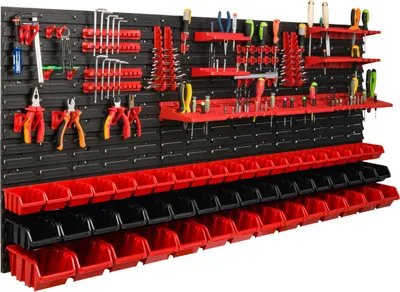 Produktbild von Lagersystem Werkstattregal | 172 x 78 cm | 53 stck. Box | Wandregal mit Werkzeughalterungen und Stapelboxen - Wandplatten Extra Starke Schüttenregal Warkzeuglochwand Lagerregal Garage Regal