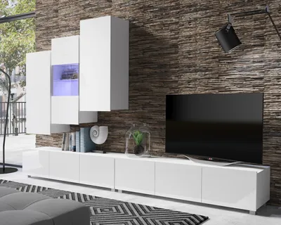 Produktbild von Wohnwand Amanda IX Oberschrank 300cm Wohnzimmer-Set Vitirne tv-Schränke viel Stauraum (Weiß matt + Weiß Hochglanz Fronten)