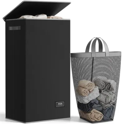 Image de Panier à linge avec couvercle, 100 litres, pliable, avec sac amovible, idéal pour la chambre à coucher et la salle de bain
