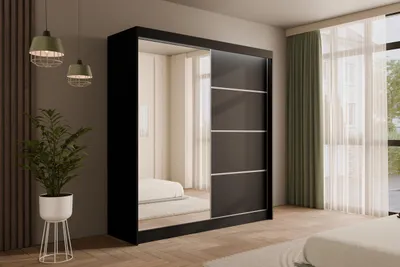 Produktbild von ALTDECOR Kleiderschrank mit Spiegel und Schiebetüren, kugelgelagerte Führungsschienen und Aluminium-Leisten, LED-Beleuchtung (weiß + 16 Farben) und Fernbedienung - PAOKI - 200 cm Schwarz
