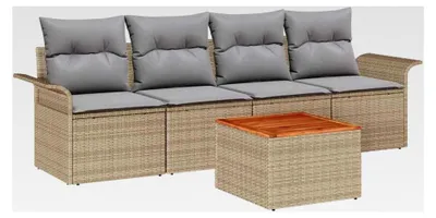 Produktbild von 5-teiliges Garten-Sofaset mit Kissen Beige Poly Rattan Akazie Lounge Sofa Outdoor